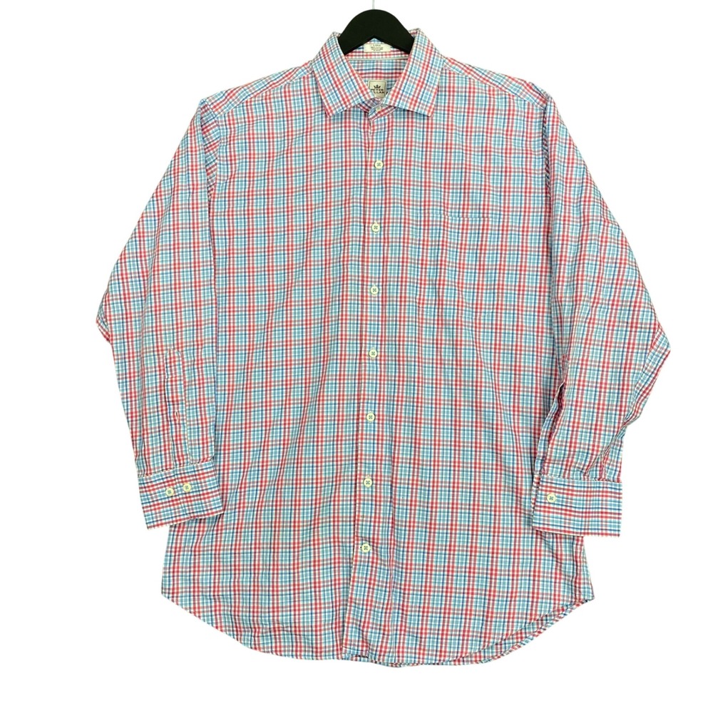 Peter‎ Millar Button Up Dress Shirt Mens L Pink Blue Plaid Spread Collar Preppy